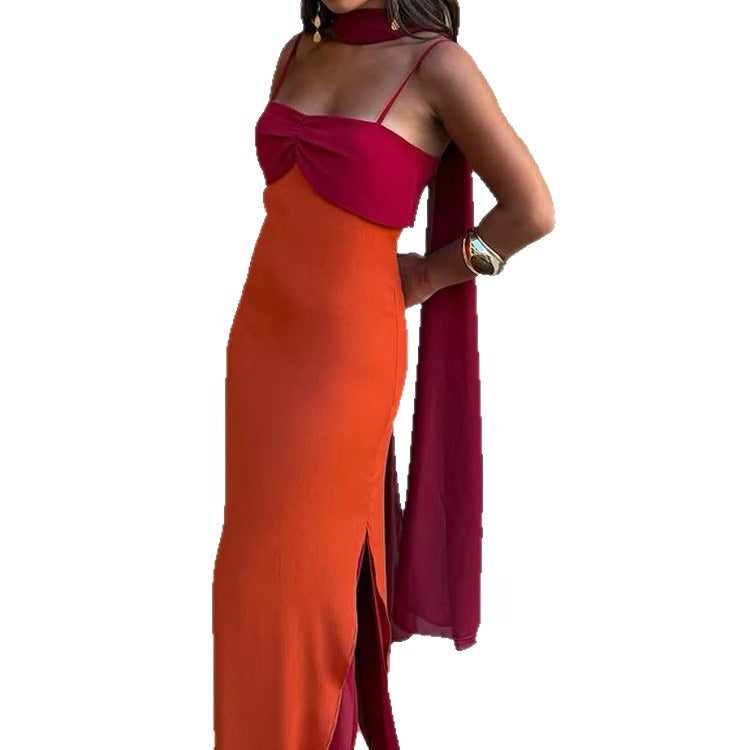 Color Block Scarf Collar Sheath Maxi Dress