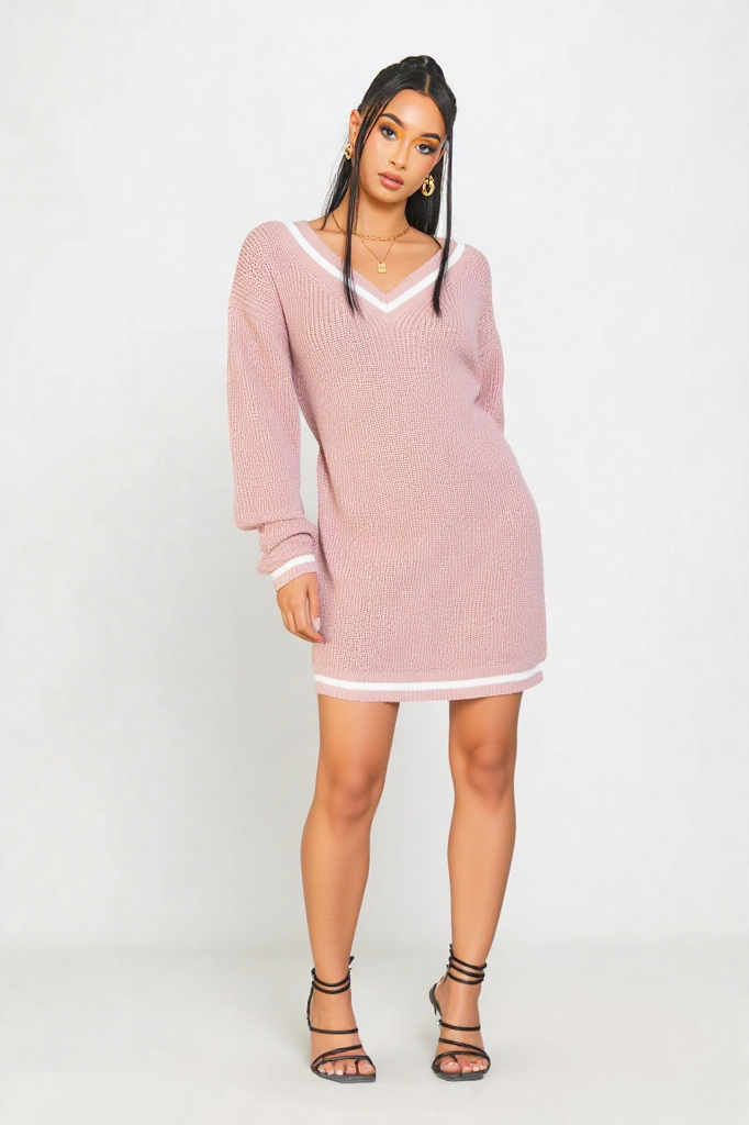Cozy V-Neck Knit Sweater Dress