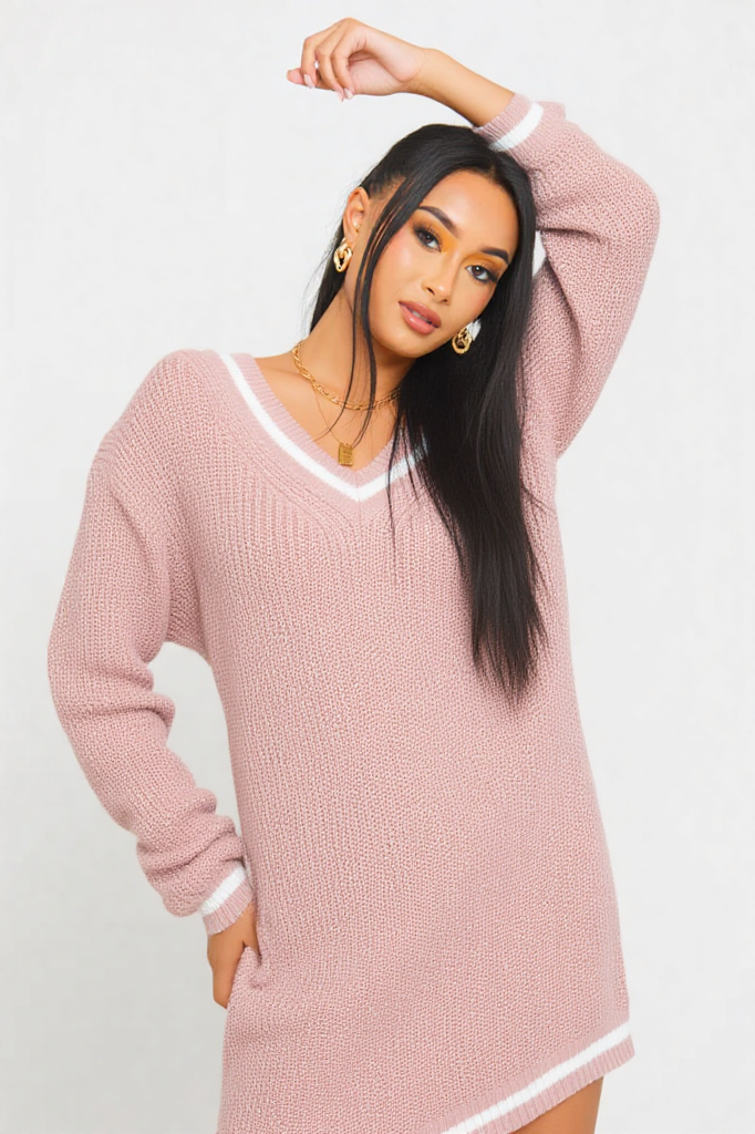 Cozy V-Neck Knit Sweater Dress
