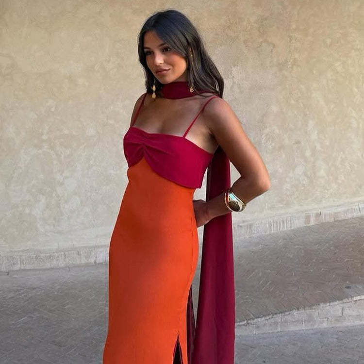Color Block Scarf Collar Sheath Maxi Dress