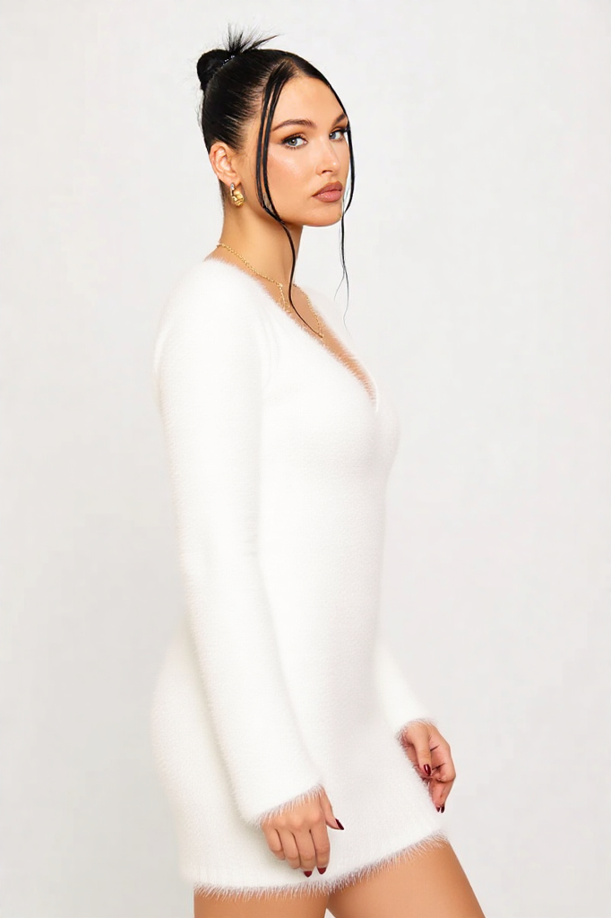 Fuzzy V-Neck Sweater Dress