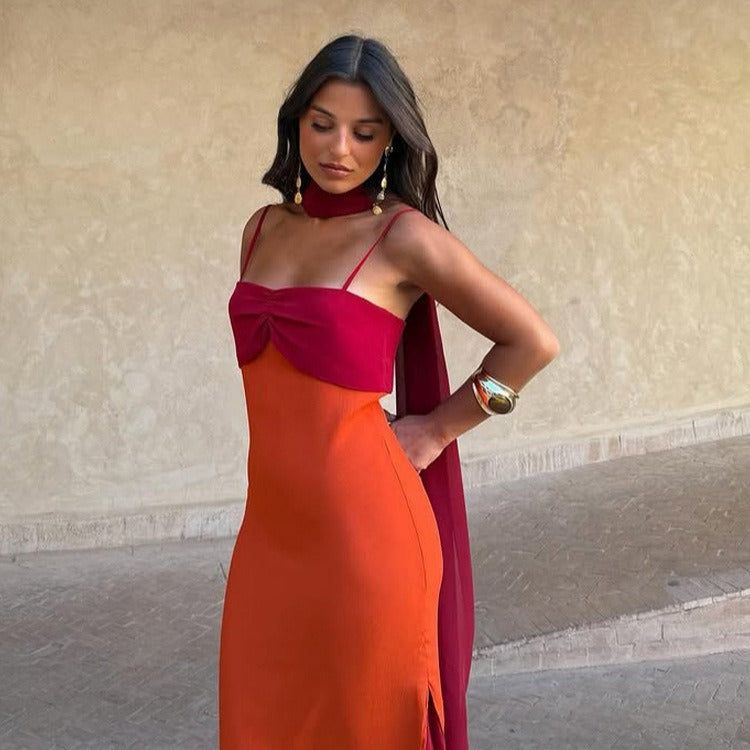 Color Block Scarf Collar Sheath Maxi Dress
