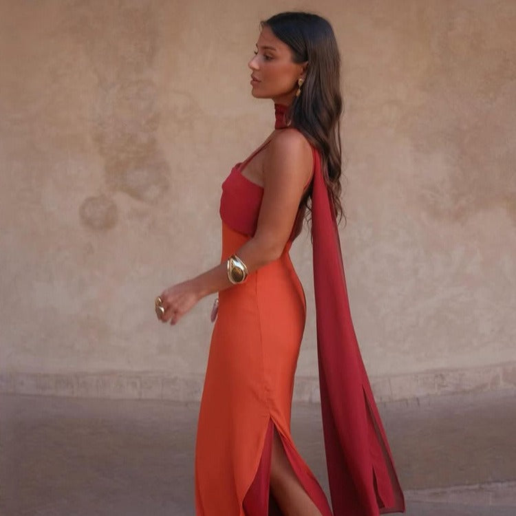Color Block Scarf Collar Sheath Maxi Dress