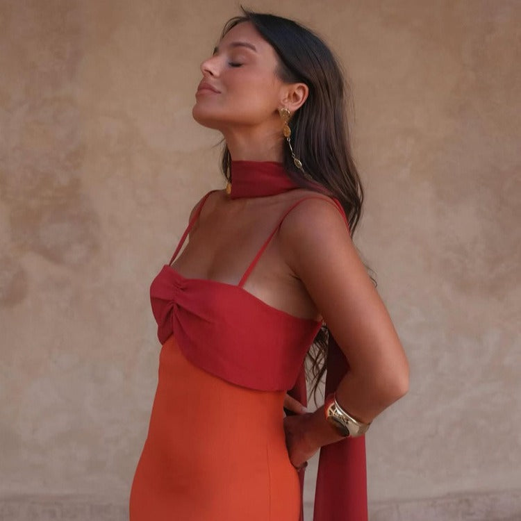 Color Block Scarf Collar Sheath Maxi Dress