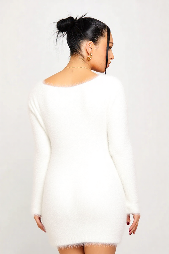 Fuzzy V-Neck Sweater Dress