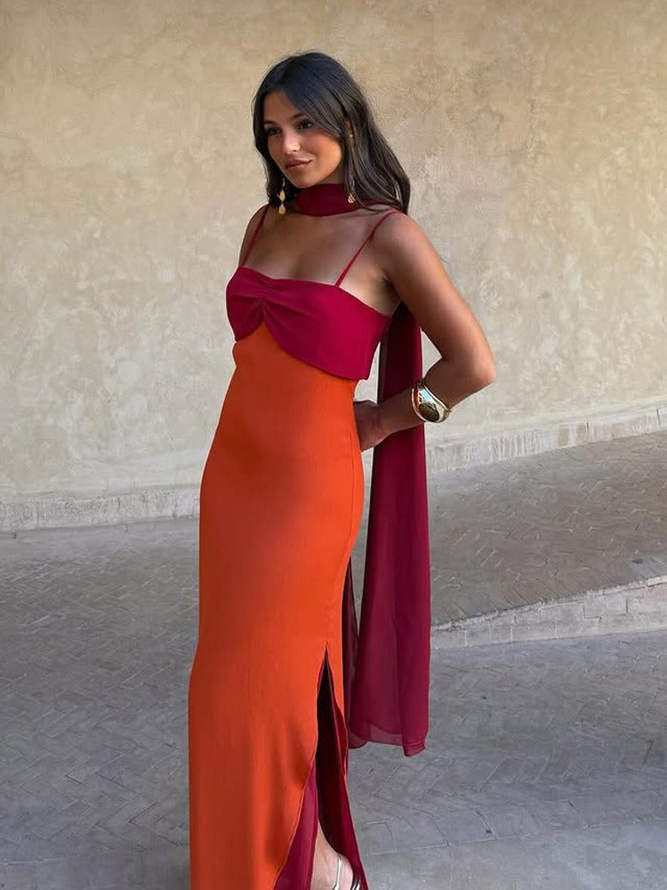 Color Block Scarf Collar Sheath Maxi Dress
